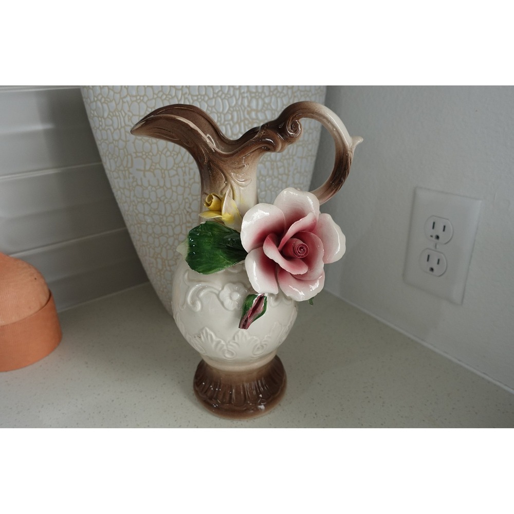 Italian Porcelain Nuova Capodimonte Pitcher 11.5 inches tall vase with pink rose